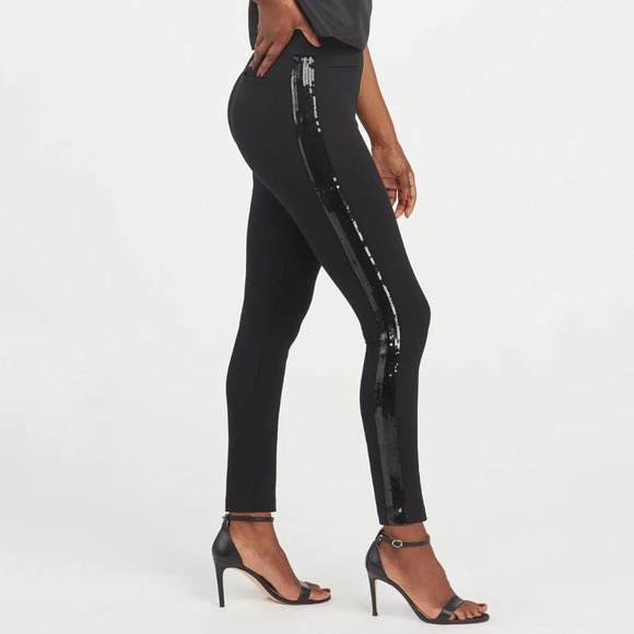 Spanx Black Sequin Side Stripe Skinny Leg Stretch Legging Pants XS - Picture 1 of 15